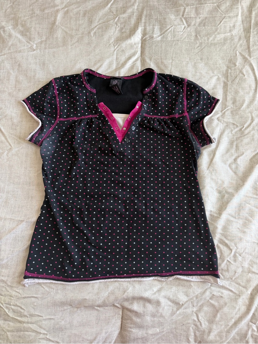 Anxiety Black Pink Polka Dot Layered Short Sleeve Top (XL)